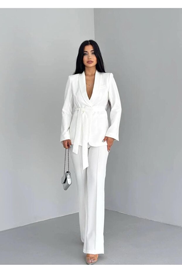 Double Belted Blazer Jacket Pants Set - 1