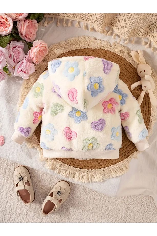 Mavi,Pembe,Sarı,Yeşil Çiçeklerle Kapüşonlu Krem,Mavi,Çok Renkli Polar Ceket Kız Bebek/Kız Çocuk - 2