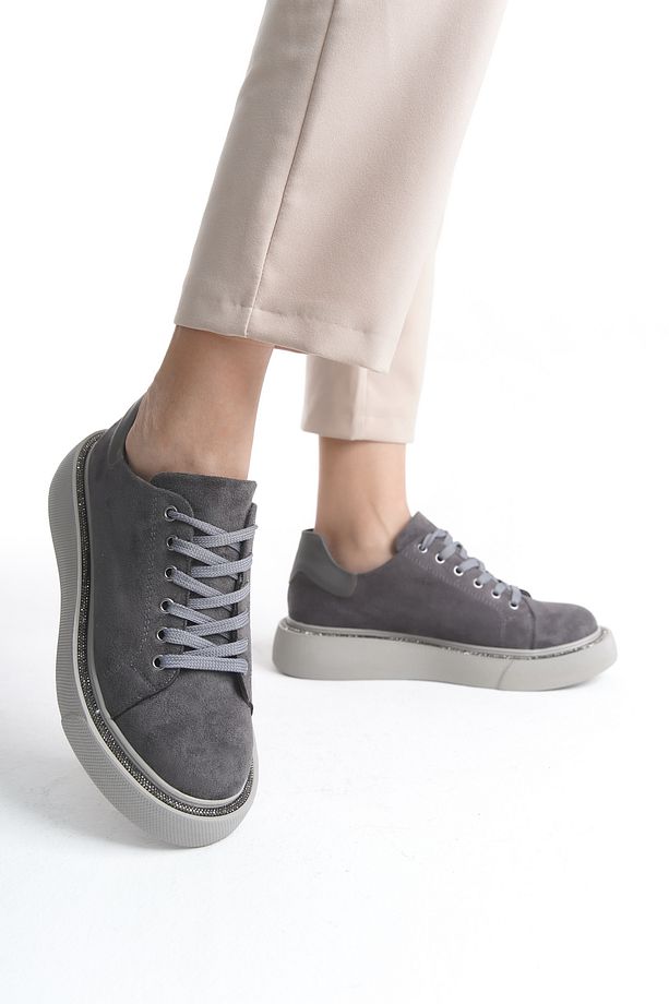 Kadın Sneaker Yüksek Taban Bağcıklı Spor Ayakkabı Sole Gri - 3