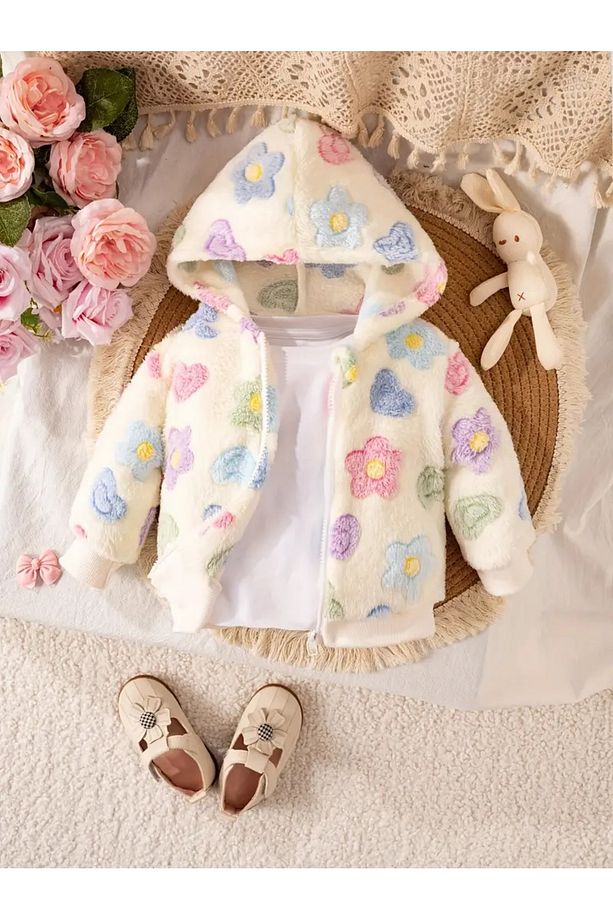 Mavi,Pembe,Sarı,Yeşil Çiçeklerle Kapüşonlu Krem,Mavi,Çok Renkli Polar Ceket Kız Bebek/Kız Çocuk - 1
