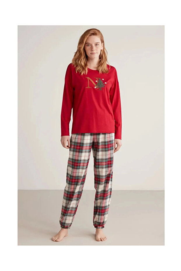 W606 Women's Long Sleeve Plaid Pajama Set