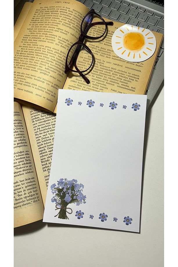 Mor Çiçek Temalı Notepad Çek Kopar Defter, Tutkallı Bloknot, A5 Defter, Çizgisiz Defter Not Defteri - 1