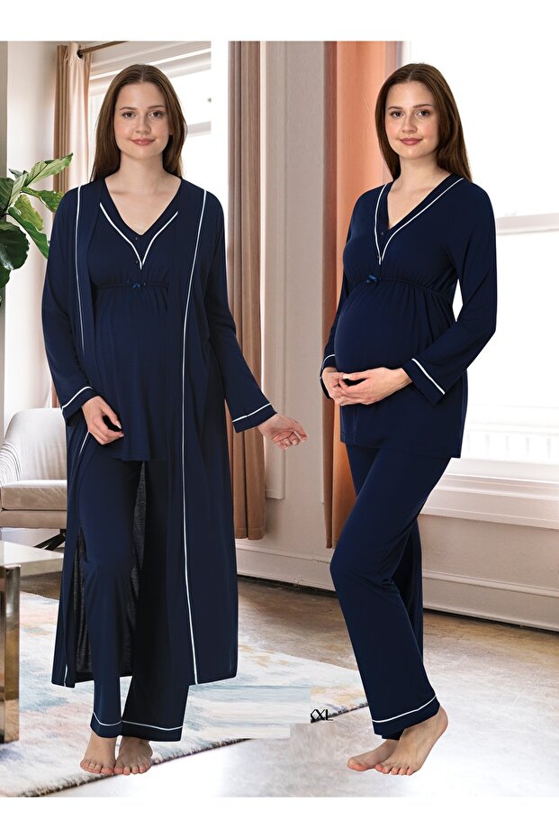 Pajama Set for Pregnant Maternity Long Sleeve with Dressing Gown