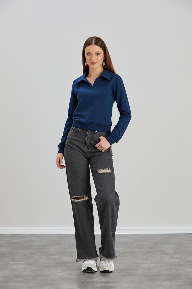 Kadın Gömlek Yakalı İki İplik Basic İndigo Renk Basic Sweatshirt - 5