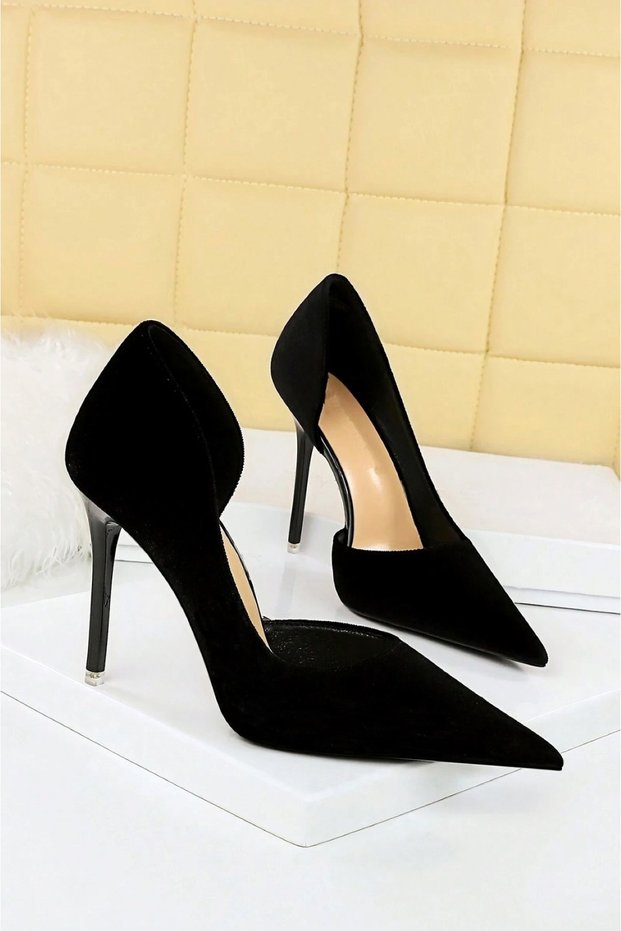 Women's Black Suede 8cm Thin Transparent Cover Heeled Stiletto Wedding Engagement Night Evening Dress Shoes