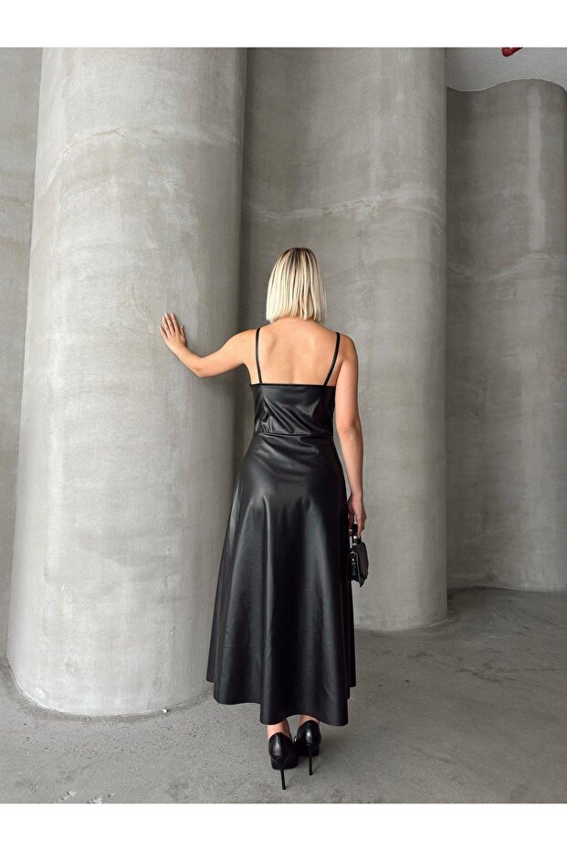 Rochie lungă din piele cu bretele - 7