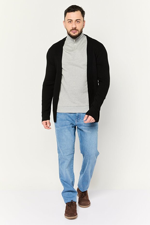 Men Split Neck Solid Cardigan, Black - 2