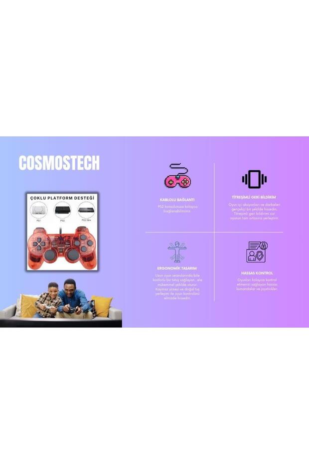 Ps2 Controller Oyun Kolu , Titreşimli Gamepad Joystick Kırmızı - 5