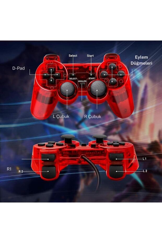 Ps2 Controller Oyun Kolu , Titreşimli Gamepad Joystick Kırmızı - 4