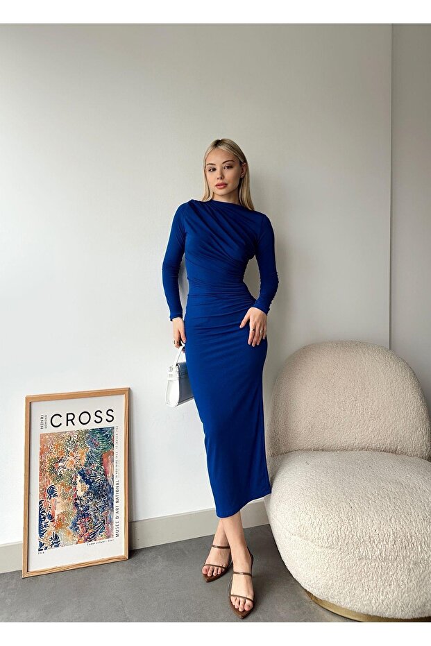 Rochie drapeată cu mânecă lungă de lungime midi - 2