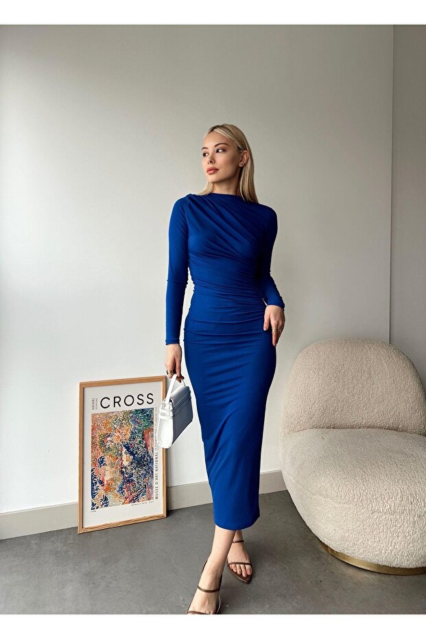 Rochie drapeată cu mânecă lungă de lungime midi - 4