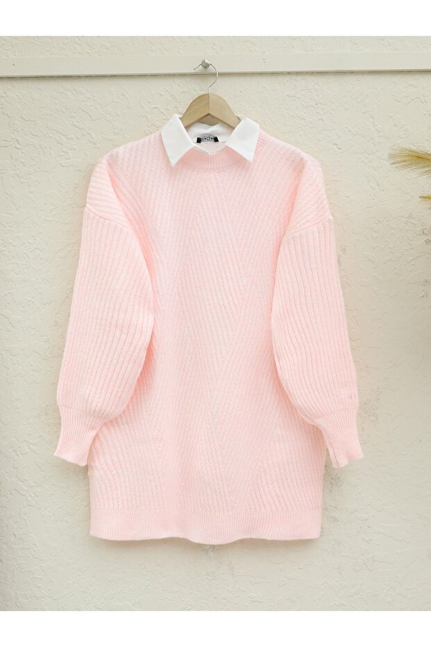 Knitted tunic with diamond pattern - powder