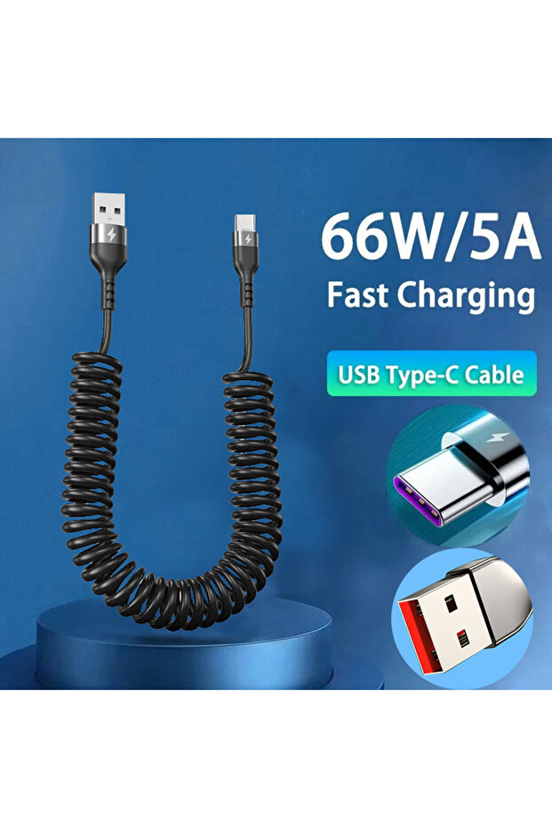 كابل USB C للسيارة أسود بطول 1.5 متر، من النوع C/Type C إلى النوع C/USB LIGHTNING، كابل شحن سريع تلسكوبي زنبركي
