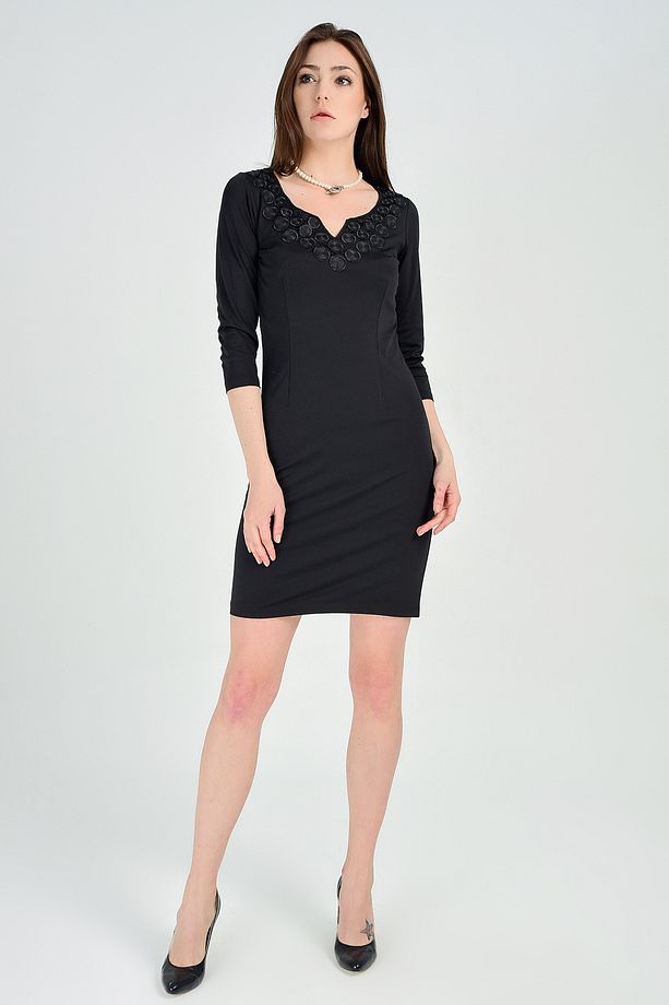 Polyester Yuvarlak Dairesel Yakalı U.kol Dalgıç Elbise | Elb13547 Siyah - 1