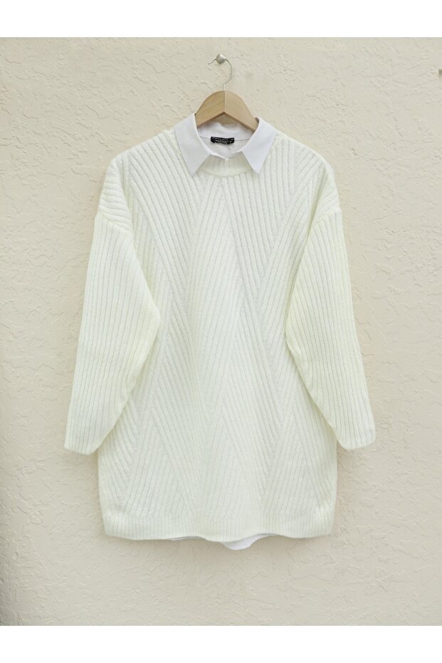 Diamond Patterned Knitted Knitwear Tunic -Ecru