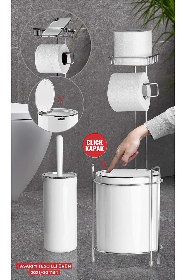 Krom Yedekli Wc Kağıtlık - Yuvarlak Beyaz Çöp Kovası Ve Wc Fırça Seti - 1