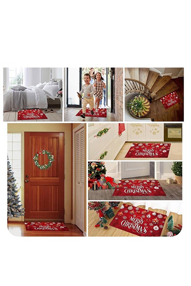 Yılbaşı Desenli Kırmızı Kapı Önü Paspası |Yılbaşı Süsü Hediyeli Kaymaz Dokuma Tabanlı Paspas|45x70cm - 6