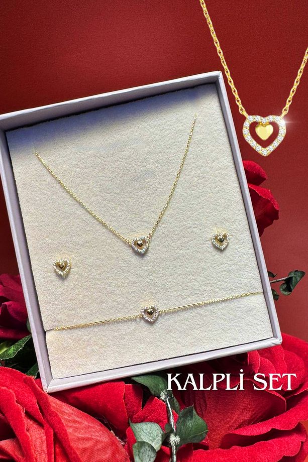 Taşlı Kalp Altın Set - 3'lü - 1