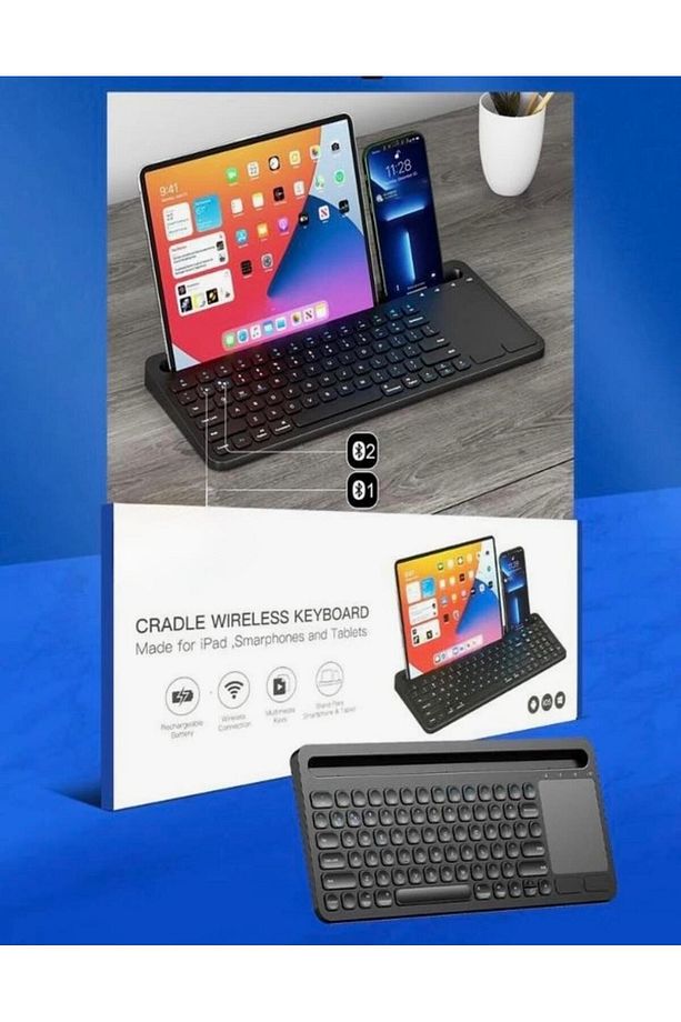 Kablosuz Type-C Şarjlı Bluetooth Klavye Touchpadli Telefon-Tablet Standlı iOS/Android/Windows Uyumlu - 4