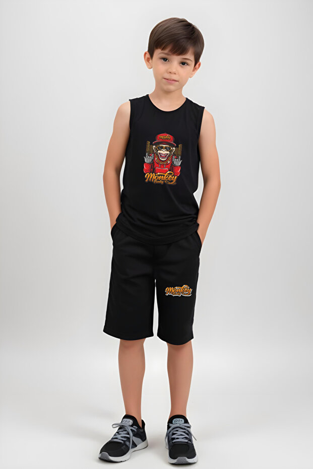 Monkey Funky Printed Boys' Suspender T-Shirt and Shorts Set Top and Bottom