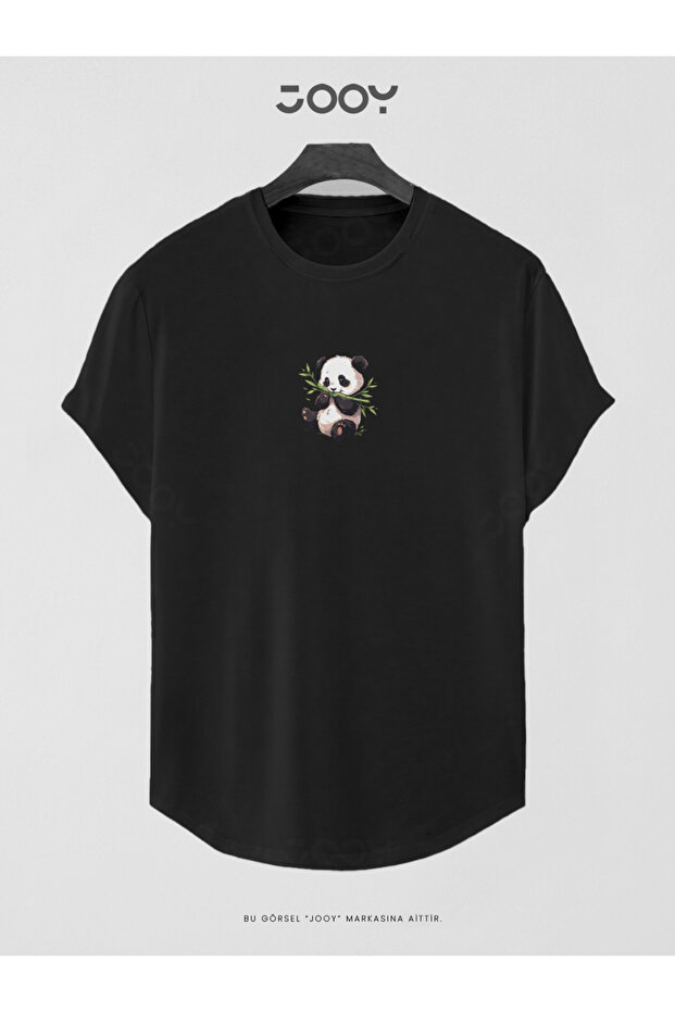 Black Bamboo Panda Printed Slim Fit Oval Cut T-Shirt
