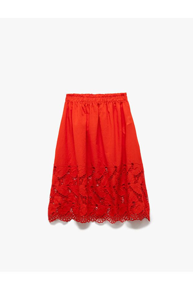 Cotton Elastic Waist Crowned A-Line Midi Skirt