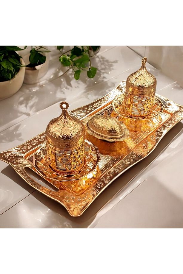 2 Kişilik Fincan Takımı Gold - Bakır Osmanlı Desenli Türk Kahve Fincanı Bakır Kahve Fincanları - 4