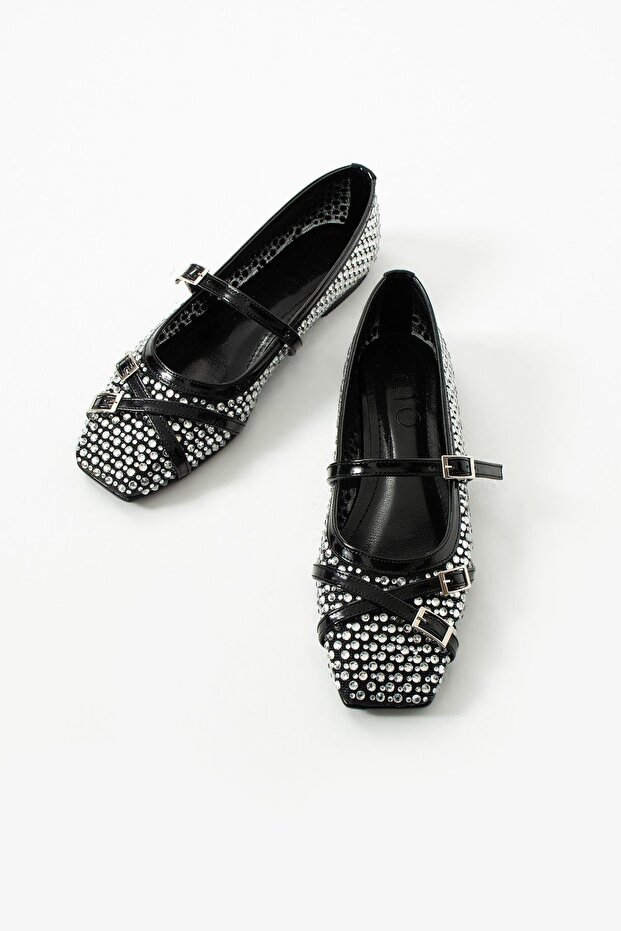 Juliet Black Ballerinas with Mesh Stone Detail