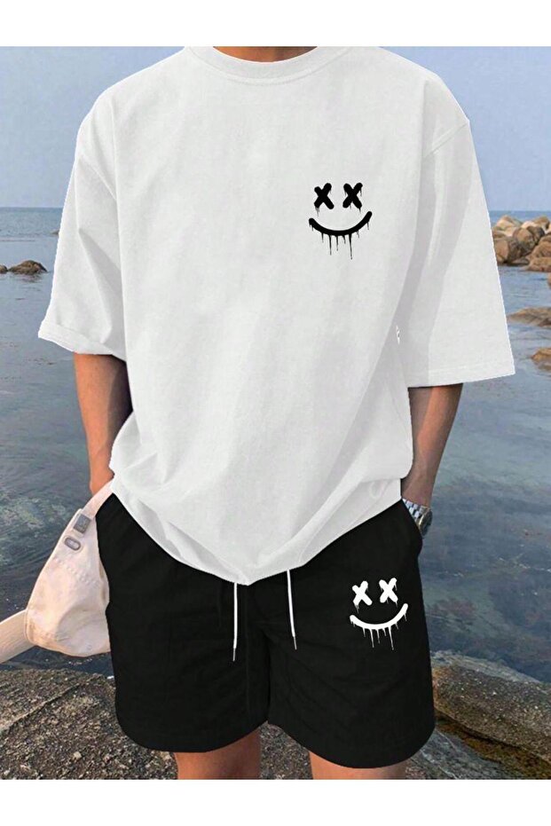 Men's White Smiley X Printed Short Tshirt Set