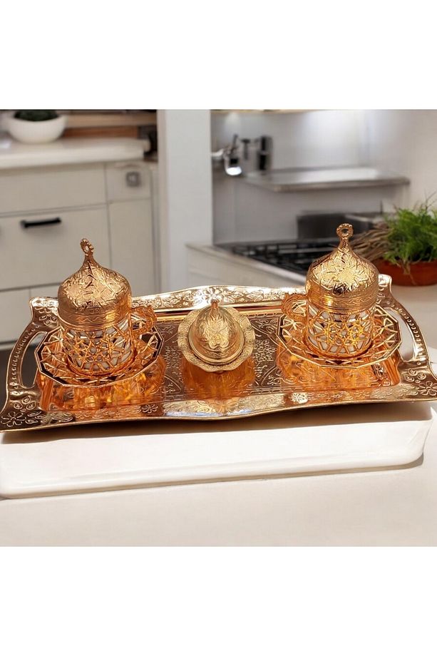 2 Kişilik Fincan Takımı Gold - Bakır Osmanlı Desenli Türk Kahve Fincanı Bakır Kahve Fincanları - 6