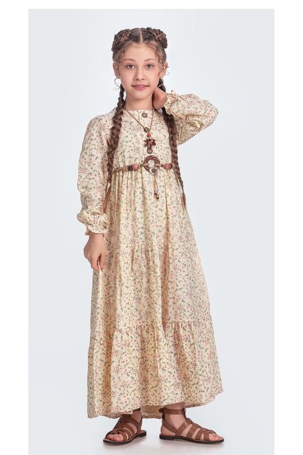 Muslin Fabric Girls Long Sleeve Hijab Dress M00705 Cream