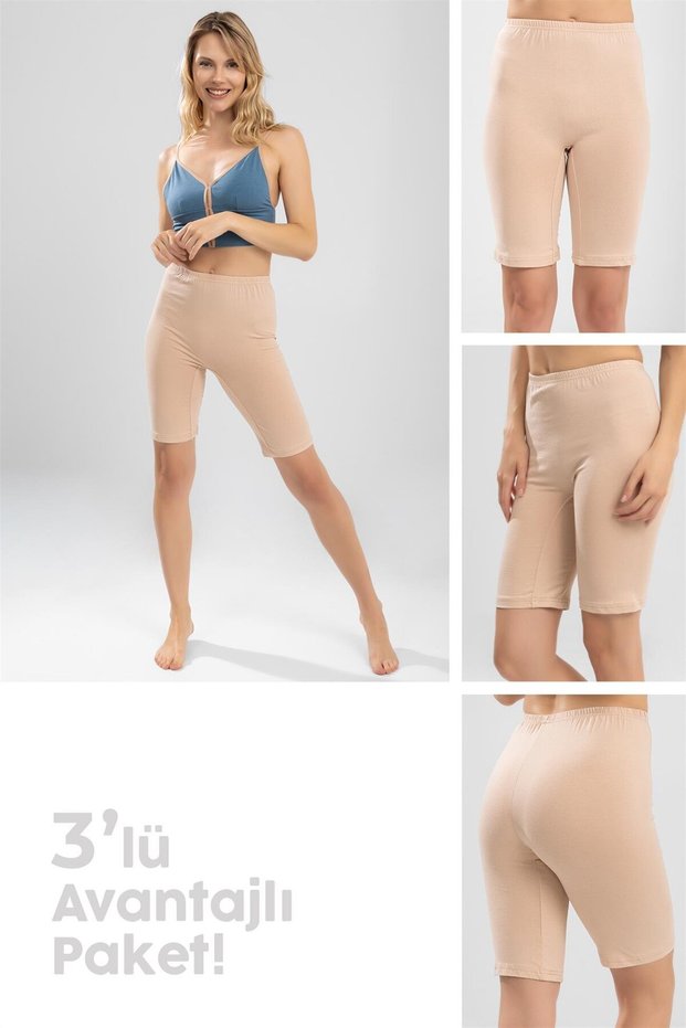Women's Cotton Above-Knee Combed Cotton Underwear Leggings 3-Pack Skin Color