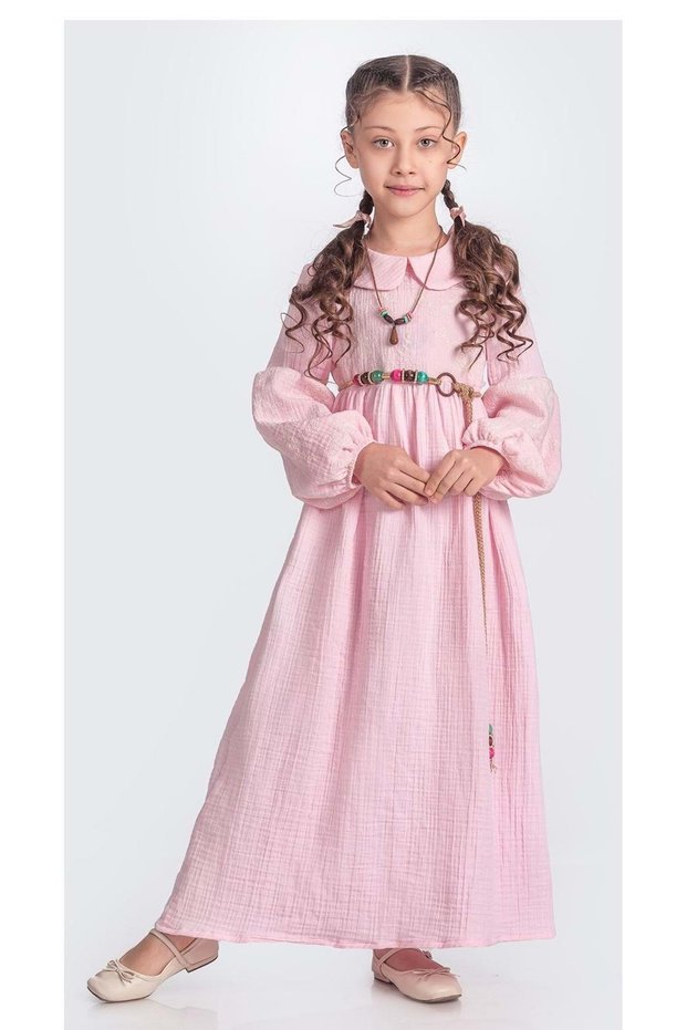 Muslin Fabric Girls' Long Sleeve Hijab Dress M00705 Pink