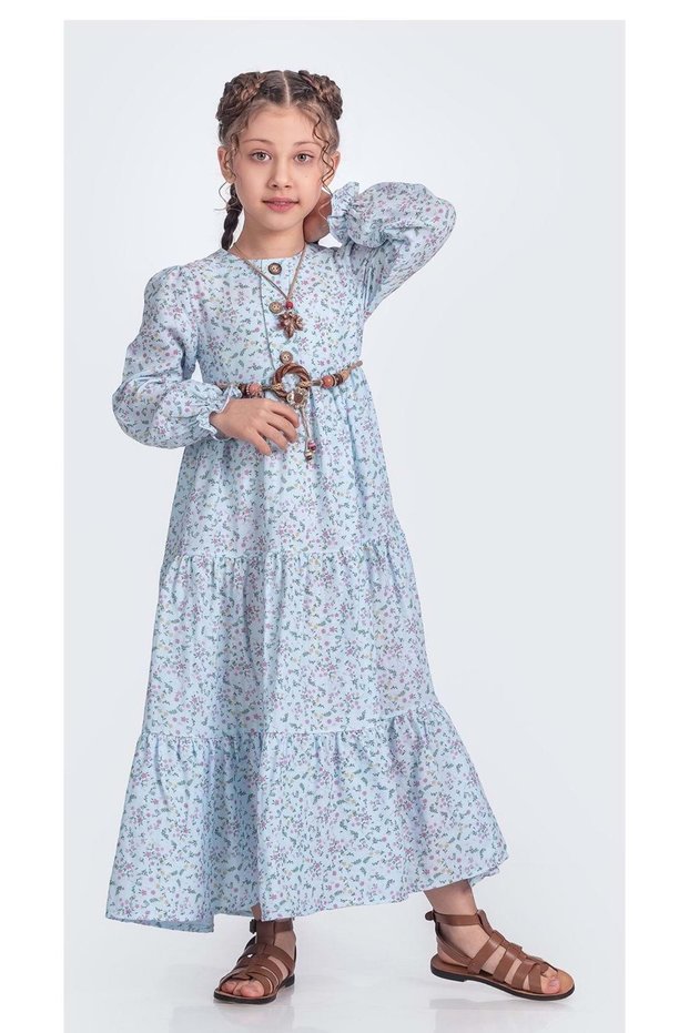 Muslin Fabric Girls' Long Sleeve Hijab Dress M00705 Blue