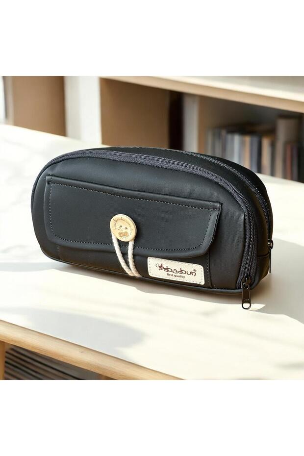 Efes Large Wide Vegan Leather Luxury Style Pencil Case Vintage Buttoned Pen Holder Makeup Bag