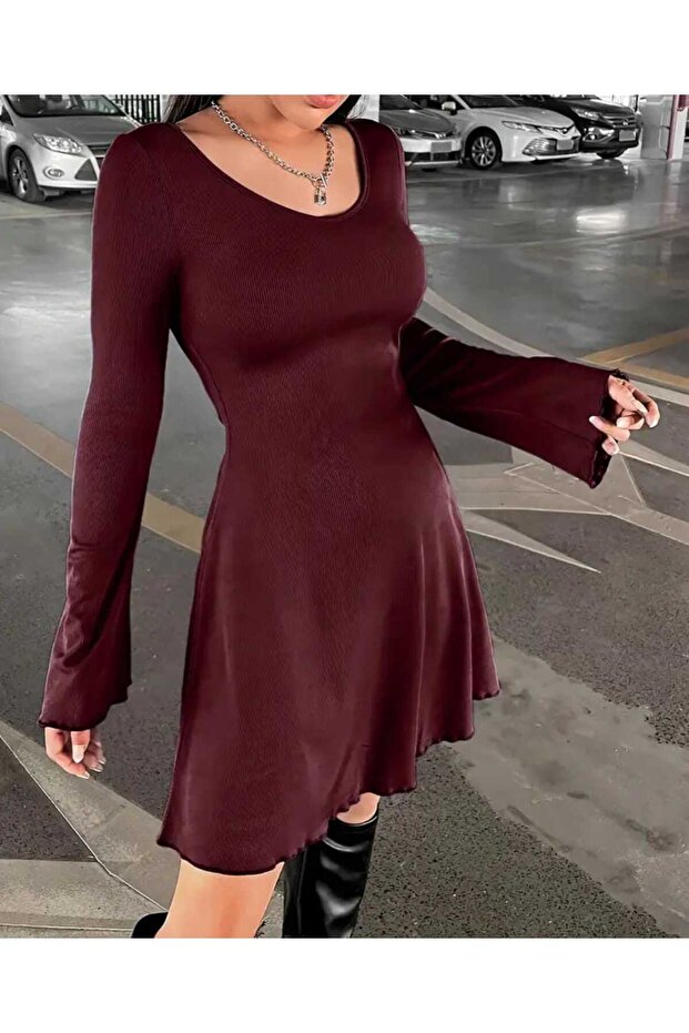 Copy - Burgundy Spanish Sleeve Stretchy Viscose Women's Dress