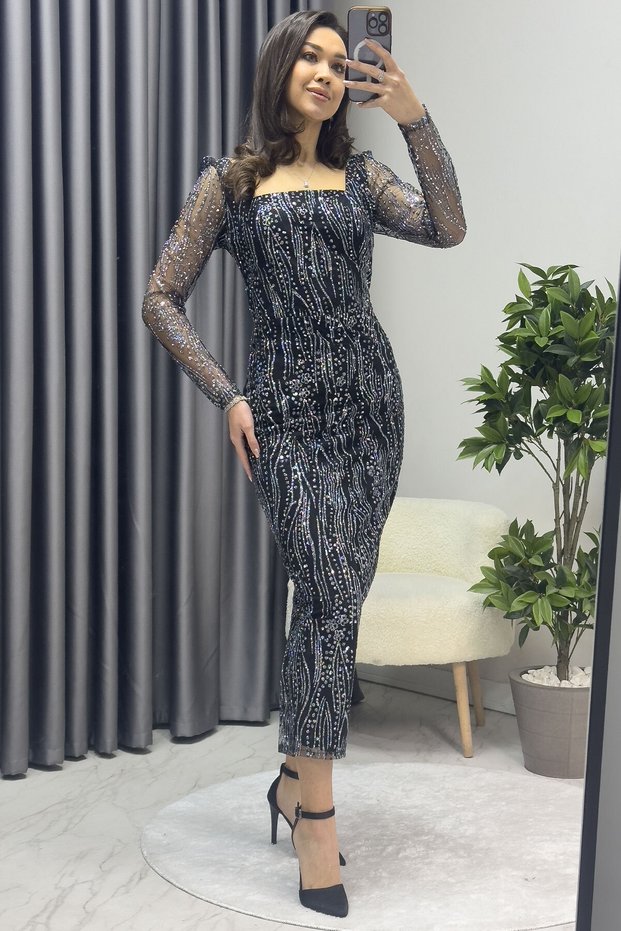 Women's Square Neck Glitter Long Sleeve Midi Evening Dress White, Burgundy, Gold, Powder, Black. Blue, Green