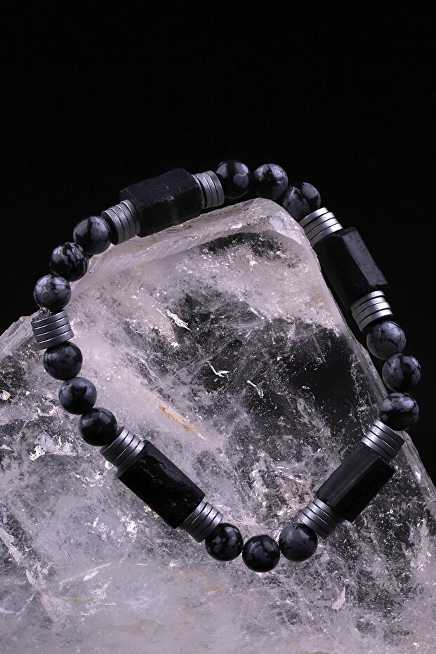 Tourmaline - Snowy Obsidian - Hematite Natural Stone Design Bracelet