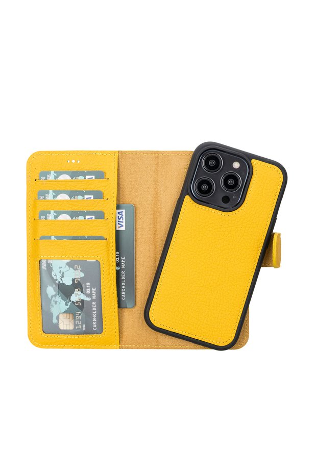 Magsafe Compatible Phone Case for iPhone 14 Pro with Genuine Leather Wallet and Card Holder-Name Writable