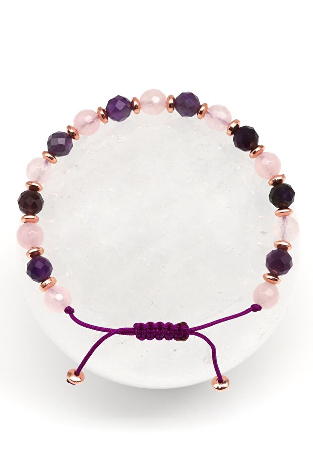 Amethyst - Pink Quartz - Hematite Natural Stone Macrame Knitted Bracelet Faceted Globe Cut