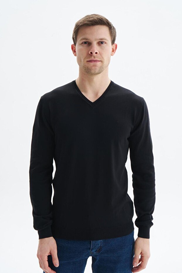 Ar-Ma Men's V-Neck Knitwear Basic Without Print Without Pockets Slim Fit Pima Pima K9Kro0852 Black-S1