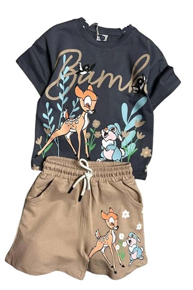 Girl's Gazelle and Rabbit Figured Beige Shorts Set
