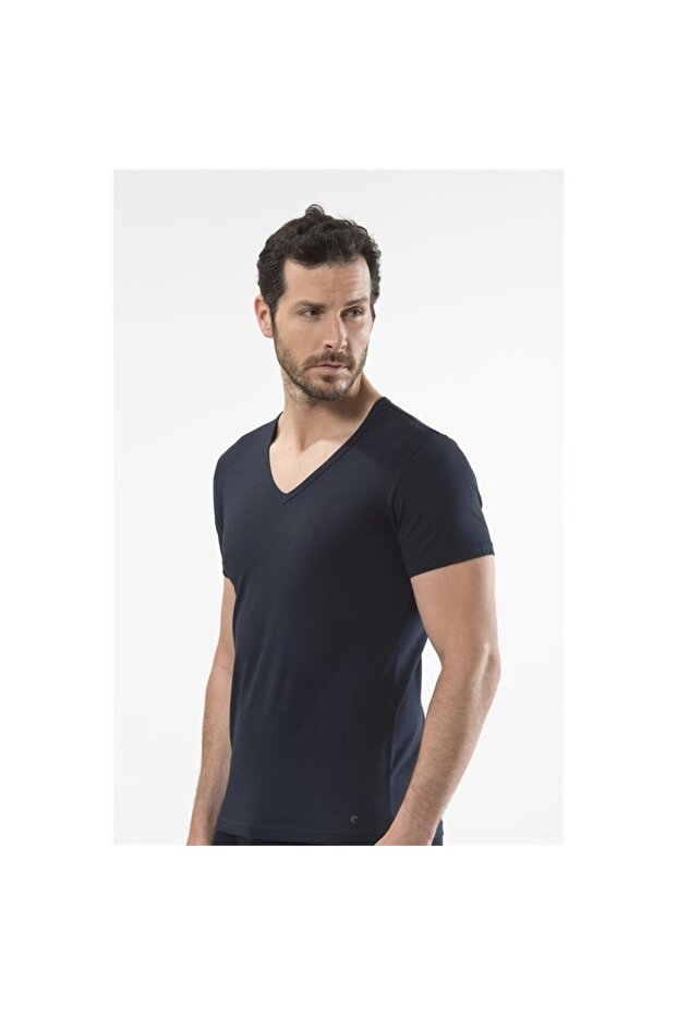 1306 V-Neck Short Sleeve Men's T-Shirt - Navy Blue