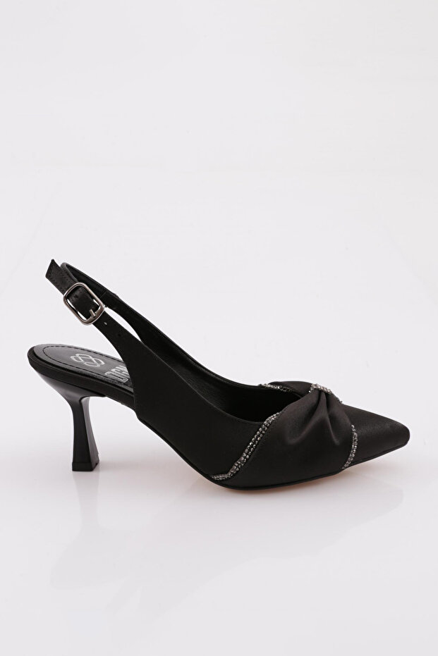 A782 Women's Ribbon Detailed Open Back Low Heeled Shoes Black Satin