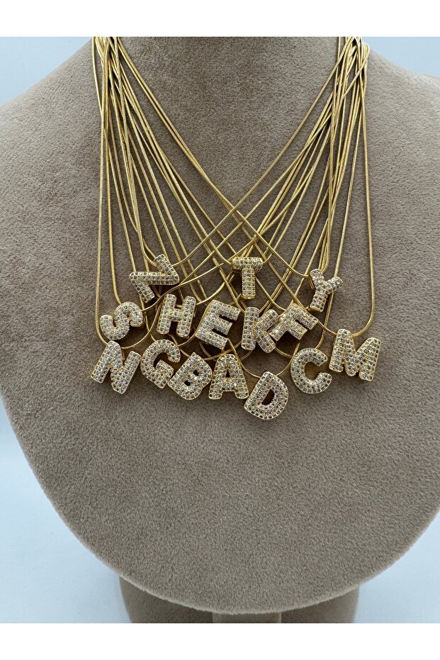 Taşlı Minimal E Harf Çelik Kolye 40-5 Cm - 3