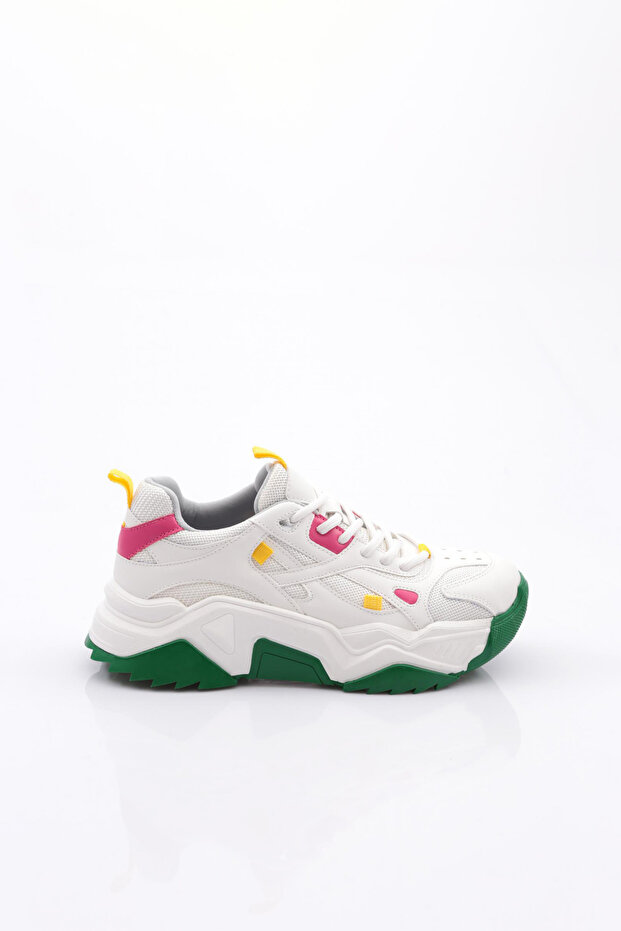 Women's Lace-Up Thick Sole Sneakers White Yellow Fuchsia 762483138