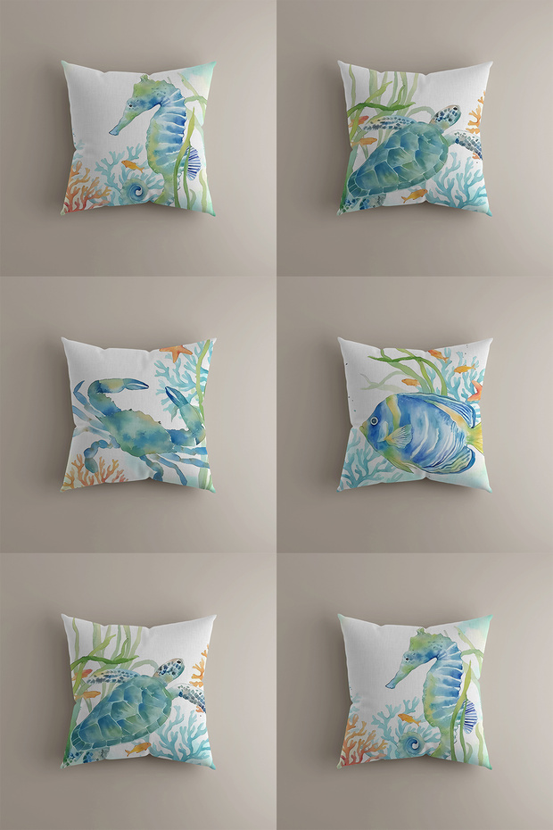 Set of 6 Sea Themed Throw Pillow Covers - Double Sided, 43X43 cm