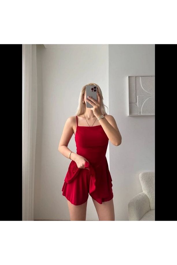 SANDY KUMAŞ ASKILI ŞORTLU MİNİ ELBİSE - 2