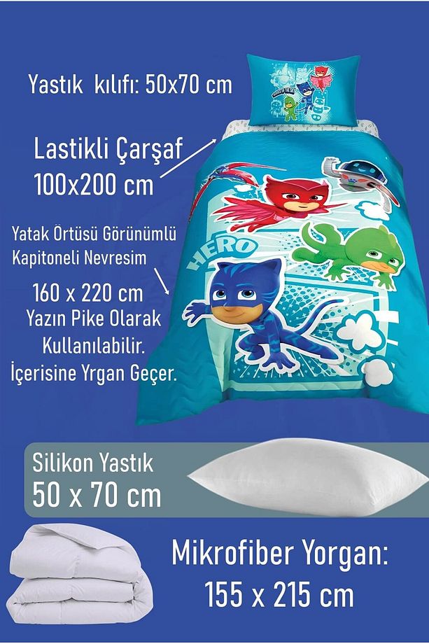 Lisanslı PJ Masks Hero Kapitoneli Tek Kişilik Uyku Seti + Yorgan + Yastık - 2