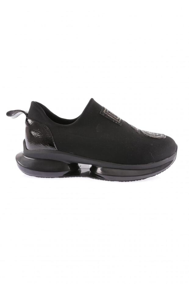 1053 Women's Thick Sole Strech Detailed Silver Stone Sneakers Shoes Black